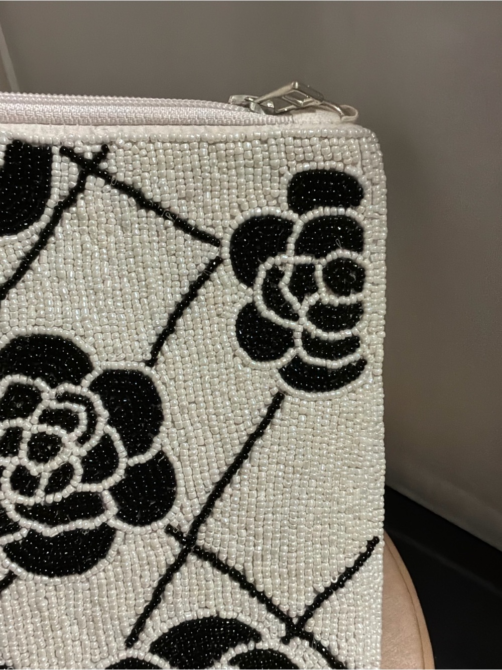 Beaded Floral Crossbody Bag in Ivory and Black - Picture 3 of 5